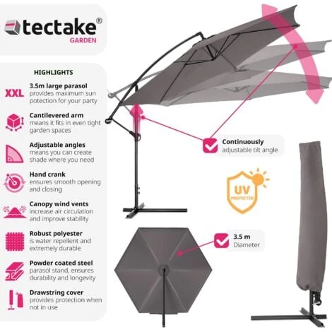 Cantilever Garden Parasol Umbrella 350 Cm - Garden Parasol, Overhanging Parasol, Banana Parasol - Grey 4 Cantilever Garden Parasol Umbrella 350 Cm - Garden Parasol, Overhanging Parasol, Banana Parasol - Grey - Image 2