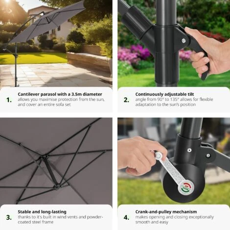Cantilever Garden Parasol Umbrella 350 Cm - Garden Parasol, Overhanging Parasol, Banana Parasol - Grey 6 Cantilever Garden Parasol Umbrella 350 Cm - Garden Parasol, Overhanging Parasol, Banana Parasol - Grey - Image 4