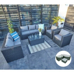 YAKOE VANCOUVER 7 SEATER RATTAN GARDEN SOFA SET IN BLACK WITH FITTING COVER