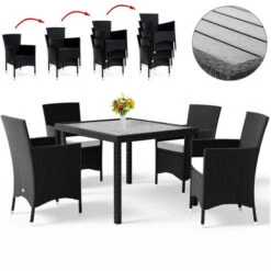 Casaria Poly Rattan Garden Furniture Dining Table Chairs Set 4/ 6/ 8 Seater Cushions WPC Black Patio Outdoor Balcony Terrace Wicker Conservatory 4+1