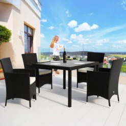 Casaria Poly Rattan Garden Furniture Dining Table Chairs Set 4/ 6/ 8 Seater Cushions WPC Black Patio Outdoor Balcony Terrace Wicker Conservatory 4+1 -Outdoor Furniture Store 18366539 3