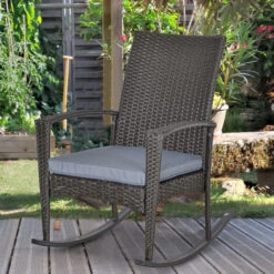 Outsunny Garden Rattan Rocking Chair, Bistro Recliner Furniture Seater Grey -Outdoor Furniture Store 18373667 3