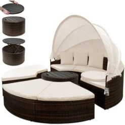 CASARIA® Poly Rattan Sun Island Day Bed Ø185cm Telescopic Canopy Table 3 Pillows Brown