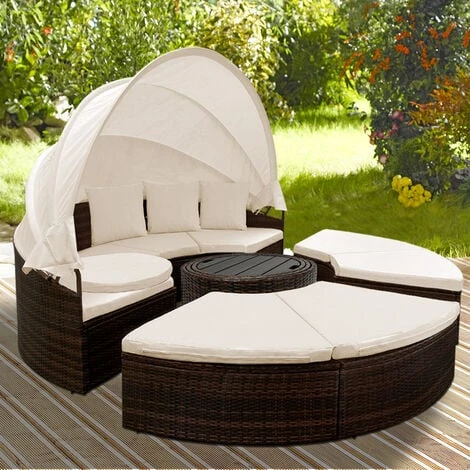 CASARIA® Poly Rattan Sun Island Day Bed Ø185cm Telescopic Canopy Table 3 Pillows Brown 4 CASARIA® Poly Rattan Sun Island Day Bed Ø185cm Telescopic Canopy Table 3 Pillows Brown - Image 2