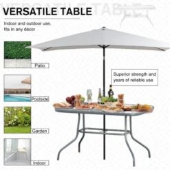 Outsunny Garden Dining Table Glass Top Metal Frame With Parasol Hole 140x80x70cm -Outdoor Furniture Store 18709894 4