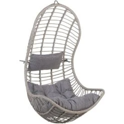 Boho Rattan Hanging Chair Without Stand Indoor-Outdoor Wicker Curved Grey Pineto