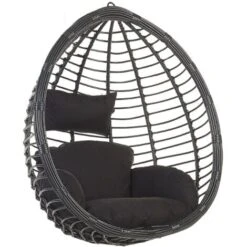 Boho Black Rattan Hanging Chair No Stand Indoor-Outdoor Wicker Egg Shape Tollo