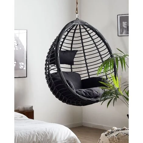 Boho Black Rattan Hanging Chair No Stand Indoor-Outdoor Wicker Egg Shape Tollo 4 Boho Black Rattan Hanging Chair No Stand Indoor-Outdoor Wicker Egg Shape Tollo - Image 2