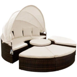 Poly Rattan Day Bed Ø230cm Sun Lounger With Canopy Brown