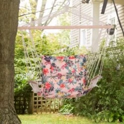 Outsunny Hammock Hanging Rope Chair Swing W/ Cushion 120KG Multicoloured Floral -Outdoor Furniture Store 18889797 3