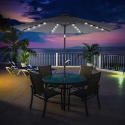 Songmics 3 M Garden Parasol Umbrella With Solar-Powered LED Lights, Sunshade With UPF 50+ Protection, Tilting, Crank Handle For Opening Closing, Base Not Included, Grey GPU33GY -Outdoor Furniture Store 18919858 2