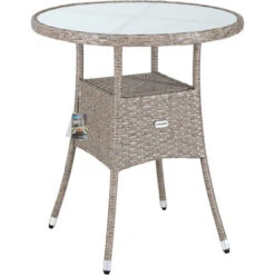 Casaria Poly Rattan Garden Side Table Patio Balcony Ø60cm Round Frosted Glass Outdoor Furniture Grey Beige