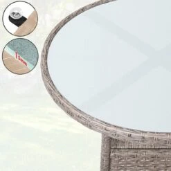 Casaria Poly Rattan Garden Side Table Patio Balcony Ø60cm Round Frosted Glass Outdoor Furniture Grey Beige -Outdoor Furniture Store 18946172 4