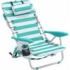 Songmics Portable Beach Chair With Removable Headrest, Folding Beach Chair With Backrest, Adjustable Backrest Up To 180°, With Cup Holder And Pocket, Green And White Stripes GCB62JW