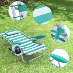 Songmics Portable Beach Chair With Removable Headrest, Folding Beach Chair With Backrest, Adjustable Backrest Up To 180°, With Cup Holder And Pocket, Green And White Stripes GCB62JW -Outdoor Furniture Store 19280606 3