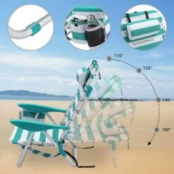 Songmics Portable Beach Chair With Removable Headrest, Folding Beach Chair With Backrest, Adjustable Backrest Up To 180°, With Cup Holder And Pocket, Green And White Stripes GCB62JW -Outdoor Furniture Store 19280606 4