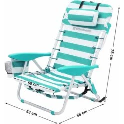 Songmics Portable Beach Chair With Removable Headrest, Folding Beach Chair With Backrest, Adjustable Backrest Up To 180°, With Cup Holder And Pocket, Green And White Stripes GCB62JW -Outdoor Furniture Store 19280606 5