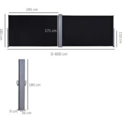 Outsunny 600 X 180 Cm (HxL) Retractable Awning Canopy Side Privacy Protection Black -Outdoor Furniture Store 19555749 2