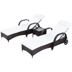 Outsunny 3 PCS Rattan Lounger Recliner Bed Garden Furniture Set W/ Side Table