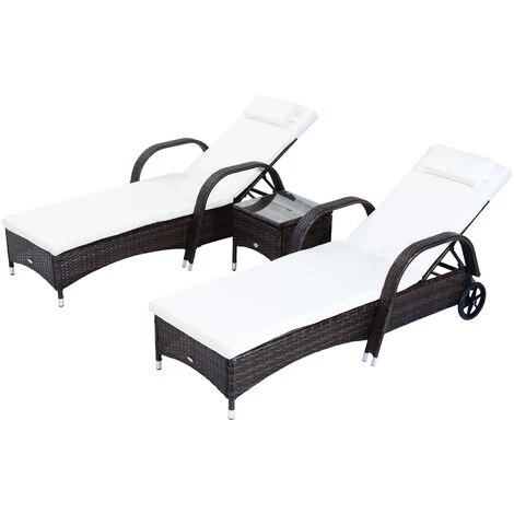 Outsunny 3 PCS Rattan Lounger Recliner Bed Garden Furniture Set W/ Side Table 3 Outsunny 3 PCS Rattan Lounger Recliner Bed Garden Furniture Set W/ Side Table