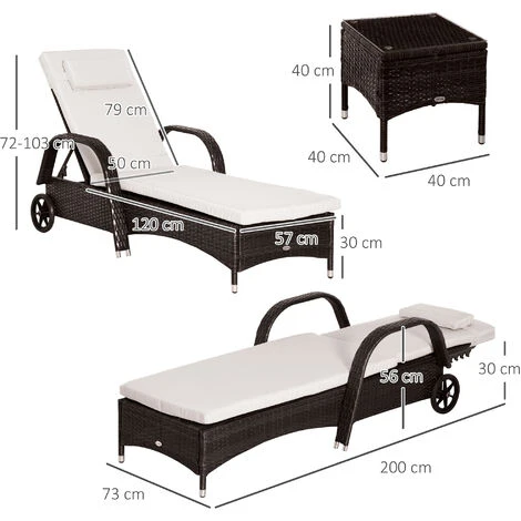 Outsunny 3 PCS Rattan Lounger Recliner Bed Garden Furniture Set W/ Side Table 4 Outsunny 3 PCS Rattan Lounger Recliner Bed Garden Furniture Set W/ Side Table - Image 2