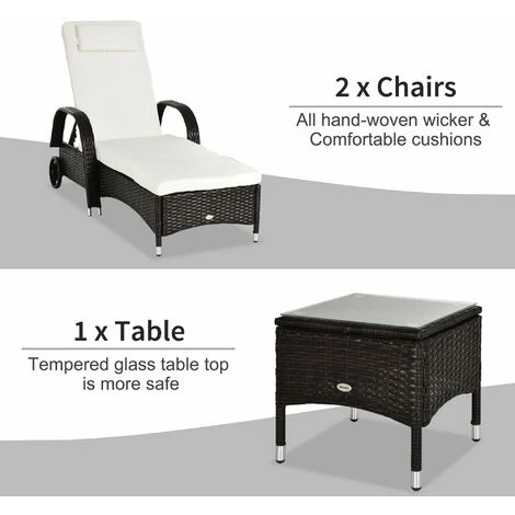 Outsunny 3 PCS Rattan Lounger Recliner Bed Garden Furniture Set W/ Side Table 6 Outsunny 3 PCS Rattan Lounger Recliner Bed Garden Furniture Set W/ Side Table - Image 4