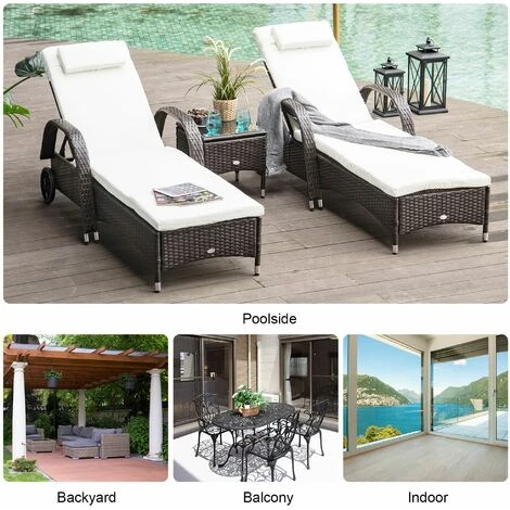 Outsunny 3 PCS Rattan Lounger Recliner Bed Garden Furniture Set W/ Side Table 7 Outsunny 3 PCS Rattan Lounger Recliner Bed Garden Furniture Set W/ Side Table - Image 5