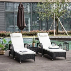 Outsunny 3 PCS Rattan Lounger Recliner Bed Garden Furniture Set W/ Side Table -Outdoor Furniture Store 2093450 3