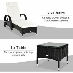Outsunny 3 PCS Rattan Lounger Recliner Bed Garden Furniture Set W/ Side Table -Outdoor Furniture Store 2093450 5