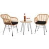 3 Pcs Wicker Rattan Patio Conversation Set With Tempered Glass Table