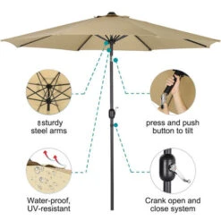Livingandhome 3M Large Round Garden Parasol Outdoor Beach Umbrella Patio Sun Shade Crank Tilt No Base, Taupe -Outdoor Furniture Store 23562983 4