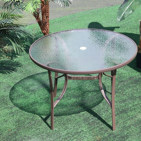 Livingandhome Garden Ripple Glass Round Table With Umbrella Hole, Brown 3 Livingandhome Garden Ripple Glass Round Table With Umbrella Hole, Brown