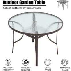 Livingandhome Garden Ripple Glass Round Table With Umbrella Hole, Brown 9 Livingandhome Garden Ripple Glass Round Table With Umbrella Hole, Brown -Outdoor Furniture Store 23563128 3