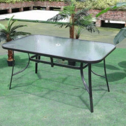 Livingandhome Garden Ripple Glass Rectangle Table With Umbrella Hole, Brown 150x90CM