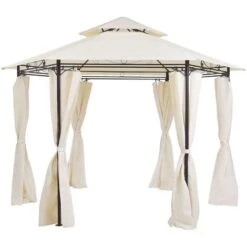 Modern Outdoor Hexagonal Gazebo Fabric Curtains 350 Cm Metal Frame Beige Portel