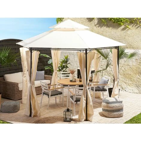 Modern Outdoor Hexagonal Gazebo Fabric Curtains 350 Cm Metal Frame Beige Portel 4 Modern Outdoor Hexagonal Gazebo Fabric Curtains 350 Cm Metal Frame Beige Portel - Image 2