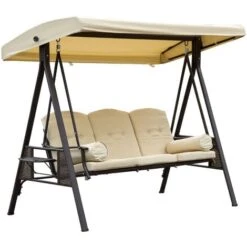 Outsunny 3 Seat Garden Swing Chair Patio Steel Swing Bench W/ Cup Trays Beige