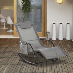 Outsunny Breathable Mesh Rocking Chair Outdoor Recliner W/ Headrest Grey -Outdoor Furniture Store 28424766 3