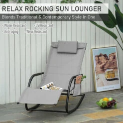 Outsunny Breathable Mesh Rocking Chair Outdoor Recliner W/ Headrest Grey -Outdoor Furniture Store 28424766 4