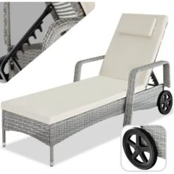 Rattan Garden Sun Lounger 6 Step Backrest - Reclining Sun Lounger, Garden Lounge Chair, Sun Chair - Light Grey