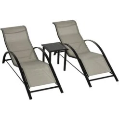 Outsunny 3 Pieces Lounge Chair Set Garden Sunbathing Chair W/ Table Grey