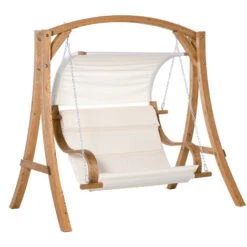 Outsunny Wooden Porch A-Frame Swing Chair W/ Canopy And Cushion For Patio Garden