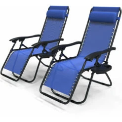 VOUNOT Set Of 2 Zero Gravity Chairs, Garden Sun Loungers With Cup And Phone Holder, Blue
