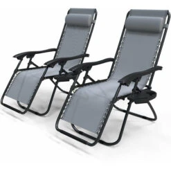 VOUNOT Set Of 2 Zero Gravity Chairs, Garden Sun Loungers With Cup And Phone Holder, Grey