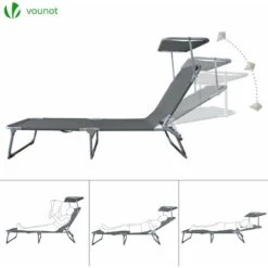 VOUNOT Set Of 2 Reclining Sun Loungers, Foldable Sun Chair With Adjustable Backrest & Sunshade, Load 110 Kg, Grey -Outdoor Furniture Store 29308816 3