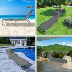 VOUNOT Set Of 2 Reclining Sun Loungers, Foldable Sun Chair With Adjustable Backrest & Sunshade, Load 110 Kg, Grey -Outdoor Furniture Store 29308816 5