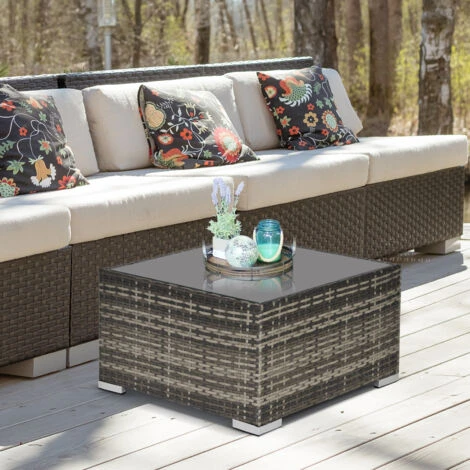 Outsunny Patio Wicker Coffee Table W/ Glass Top For Garden Backyard Deep Grey 5 Outsunny Patio Wicker Coffee Table W/ Glass Top For Garden Backyard Deep Grey - Image 3