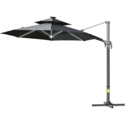 Outsunny 3(m) Cantilever Roma Parasol With LED Solar Lights, Crank & Tilt Dark Grey