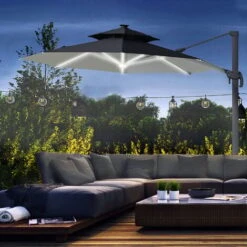 Outsunny 3(m) Cantilever Roma Parasol With LED Solar Lights, Crank & Tilt Dark Grey -Outdoor Furniture Store 29492013 3