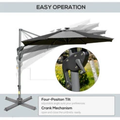 Outsunny Cantilever Parasol Adjustable Garden Sun Umbrella W/ LED Solar Light Dark Grey -Outdoor Furniture Store 29492051 5